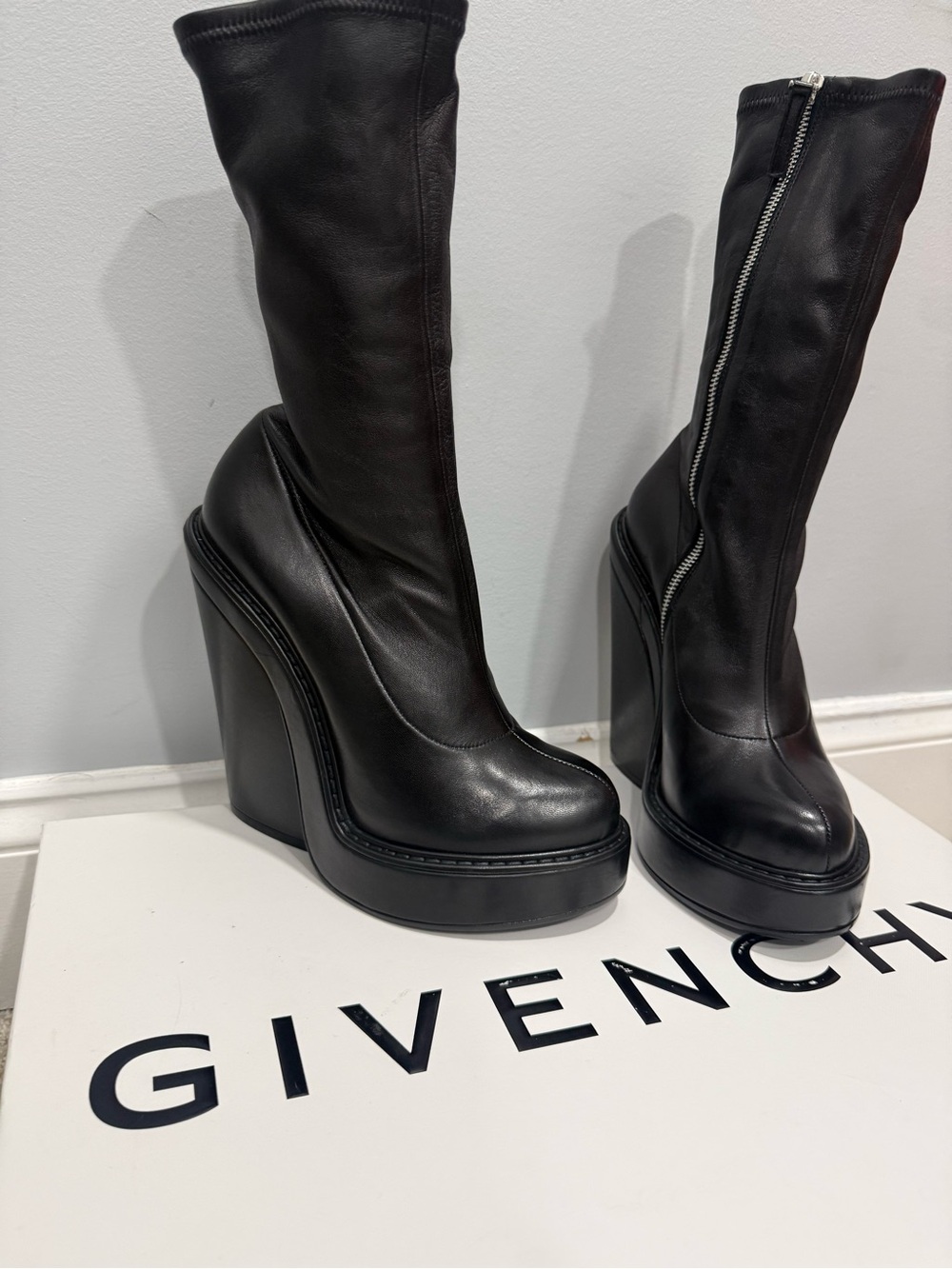 Givenchy Black Leather High Wedge Zip Boots